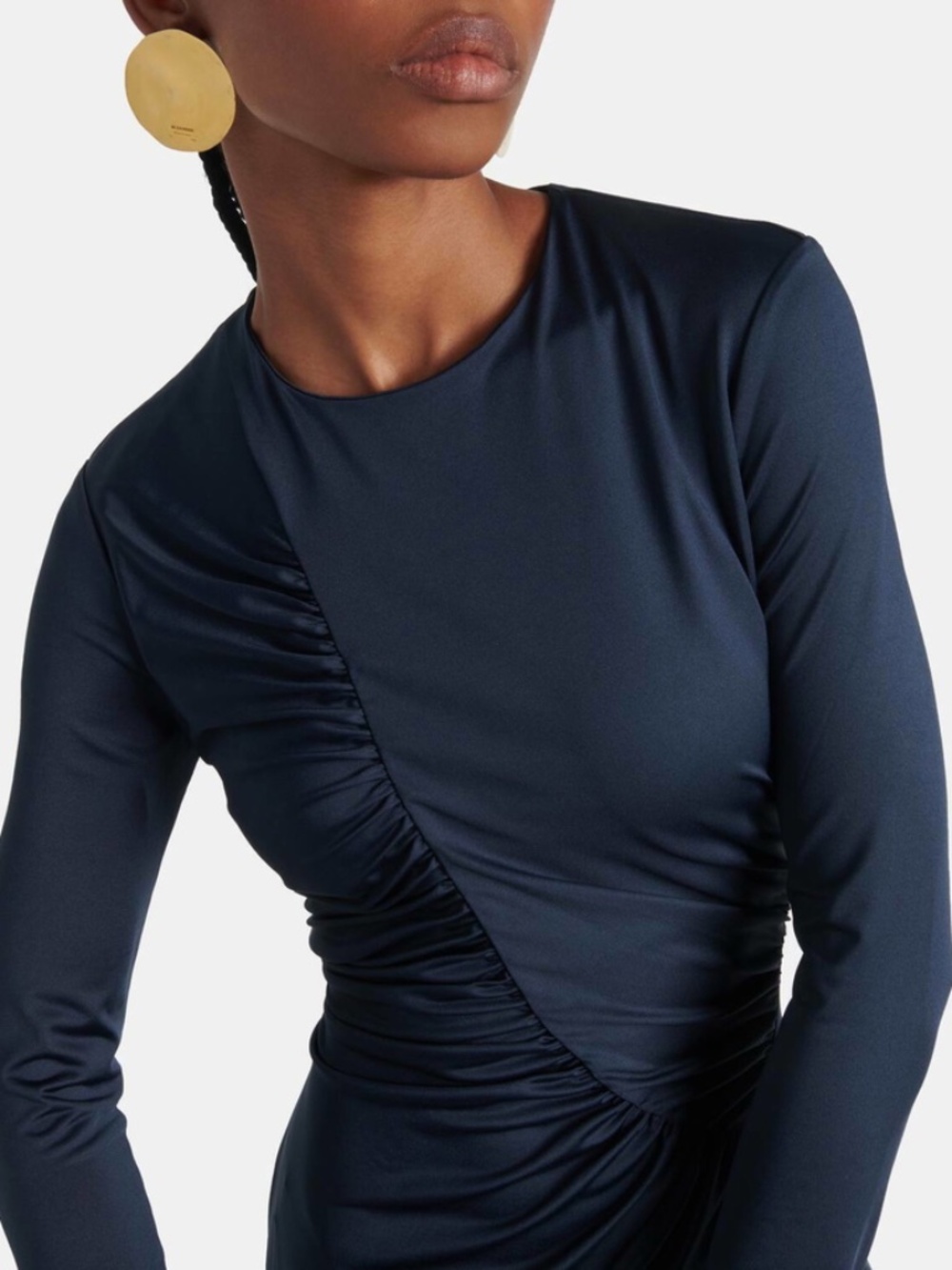 Victoria Beckham ruched jersey gown blue long sleeve dress